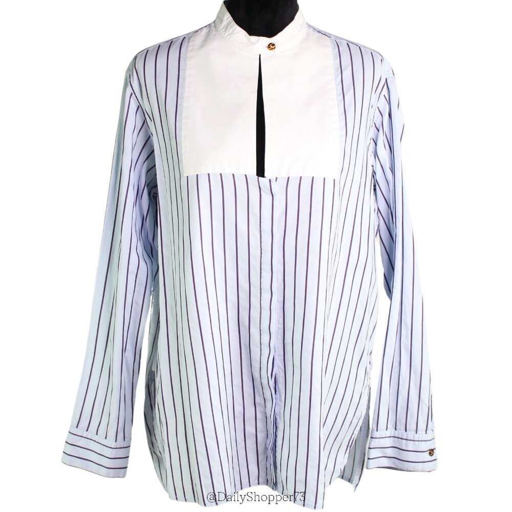 Rosetta Getty Women's Blue & Purple Striped Mock Neck Keyhole Button Up Shirt